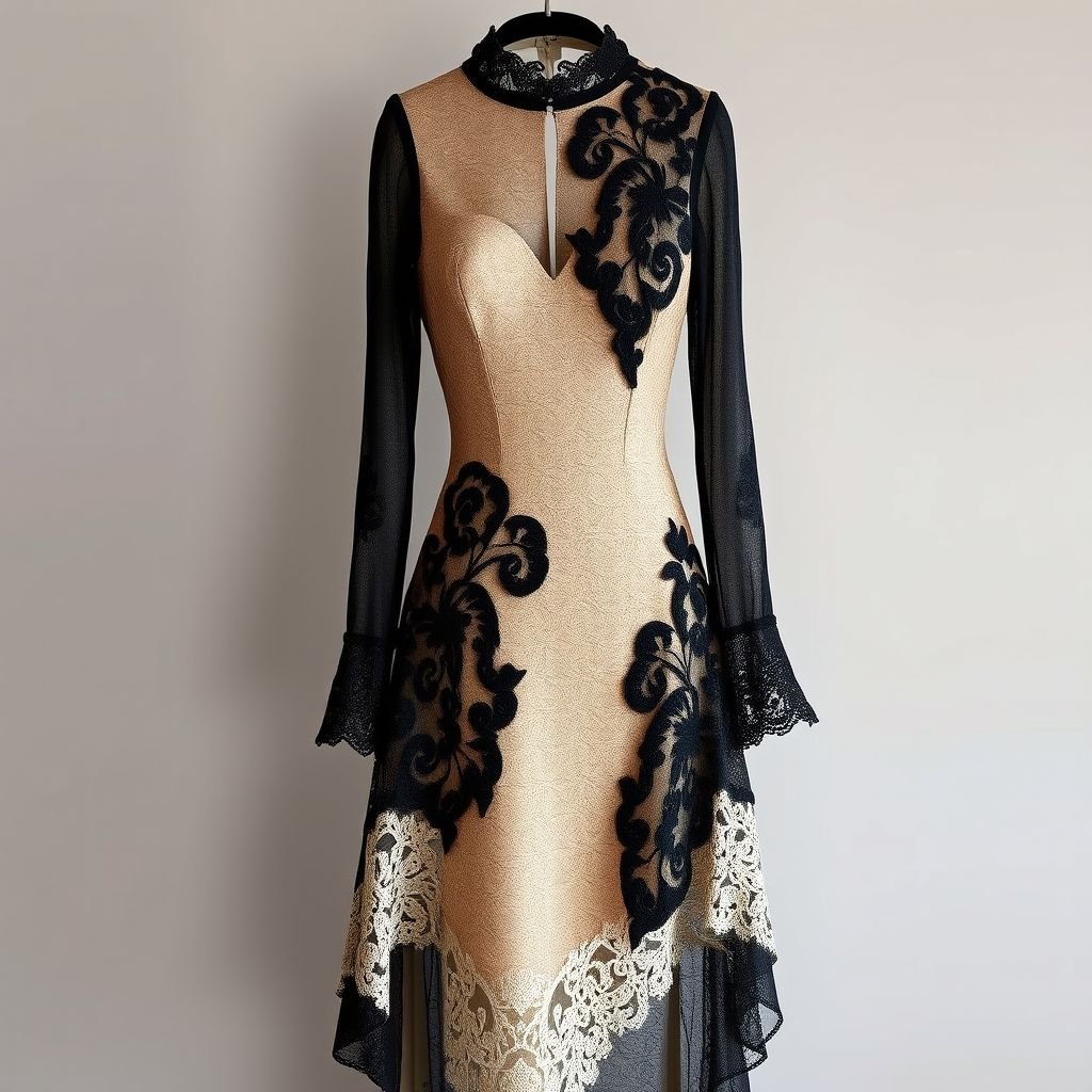 sexy and attractive dress inspired by the old fashion with a twist of the modernism a beige and black design with lace fabric and can be sparky with a weird design
Envision a sexy, vintage-inspired dress that marries old-world elegance with modern flair. Crafted from sumptuous beige and black lace, it features intricate, asymmetrical patterns and playful cut-outs. Delicate sequins twinkle amidst the lace, while a high-low hemline nods to Victorian silhouettes, ensuring a captivating blend of nostalgia and contemporary allure.