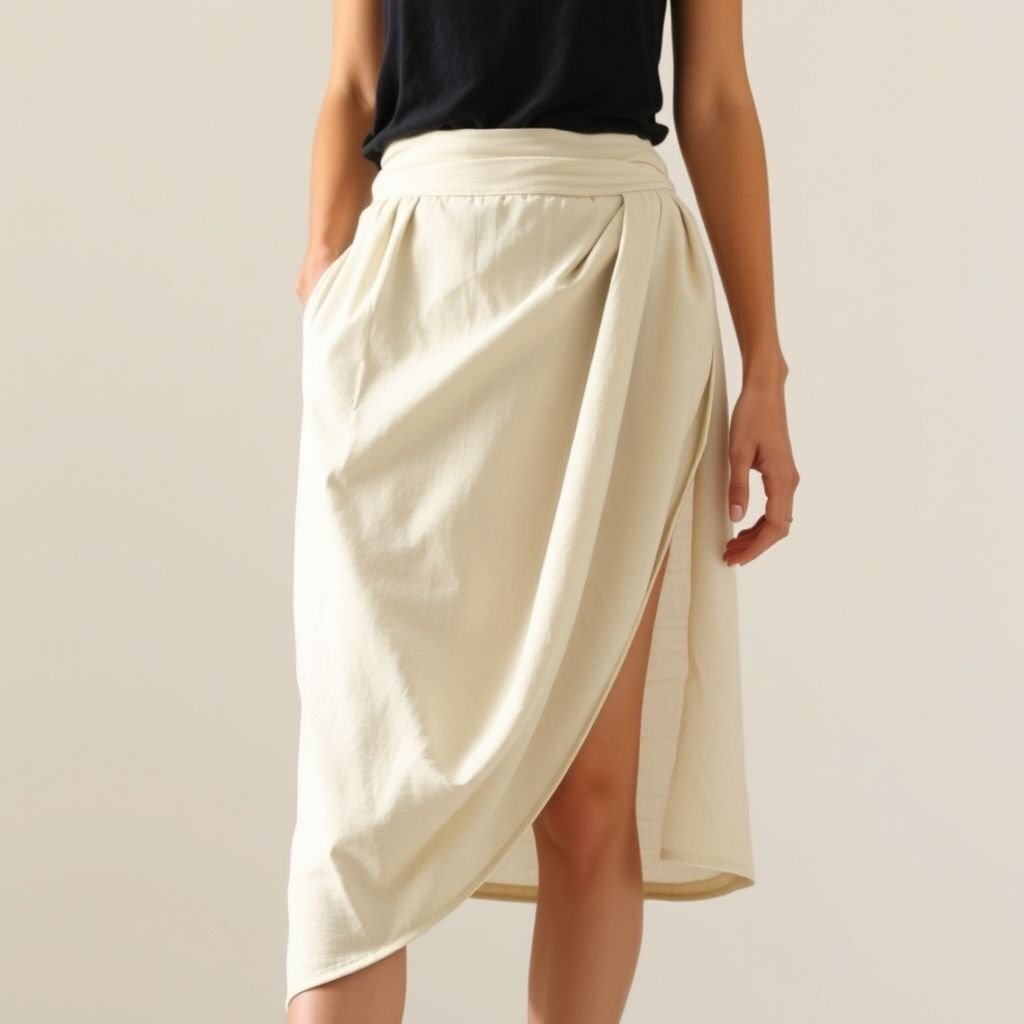 חצאית כותנה גרסה יוונית פשוטה מפשתן
Design a minimalist cotton skirt inspired by Greek aesthetics, featuring clean lines and soft, flowing silhouettes. Emphasize natural, breathable linen material in an earthy tone, with subtle draping that hints at ancient Greek togas. The skirt should pair seamlessly with a fitted, monochromatic top for an effortlessly chic look.
