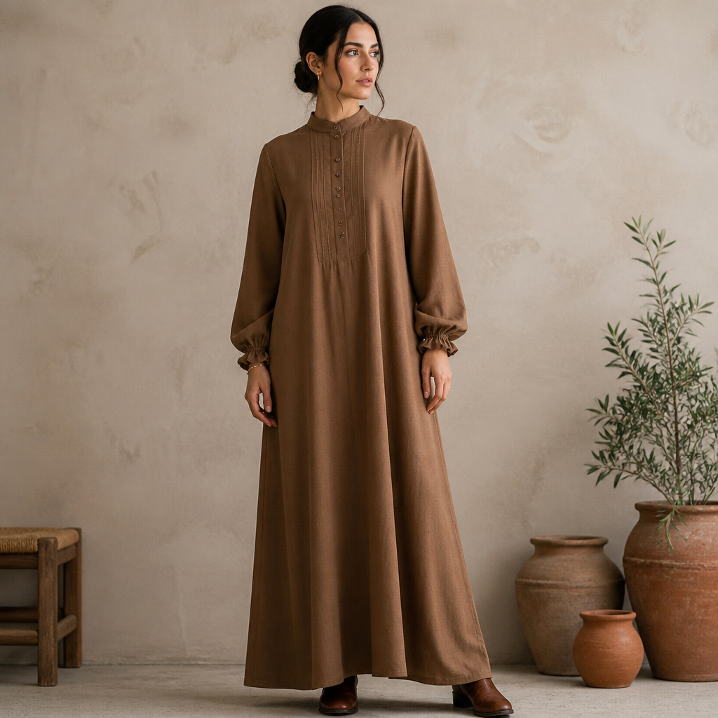 A Female Dress design, made of Cotton, with a soft, cosy hand, with modest, full coverage: longer hemlines, higher necklines and covered shoulders, in an Earth Tones color palette, suitable for Fall. Algeria fashion aesthetics. Current season is Autumn in Algeria. Present it as professional fashion catalogue photography: the garment is the subject, shown full-length with editorial styling, neutral posing and tasteful, non-suggestive framing.
photorealistic fashion design, A Female Dress design, made of Cotton, with a soft, cosy hand, with modest, full coverage: longer hemlines, higher necklines and covered shoulders, in an Earth Tones color palette, suitable for Fall. Algeria fashion aesthetics. Current season is Autumn in Algeria. Present it as professional fashion catalogue photography: the garment is the subject, shown full-length with editorial styling, neutral posing and tasteful, non-suggestive framing., just the design no text