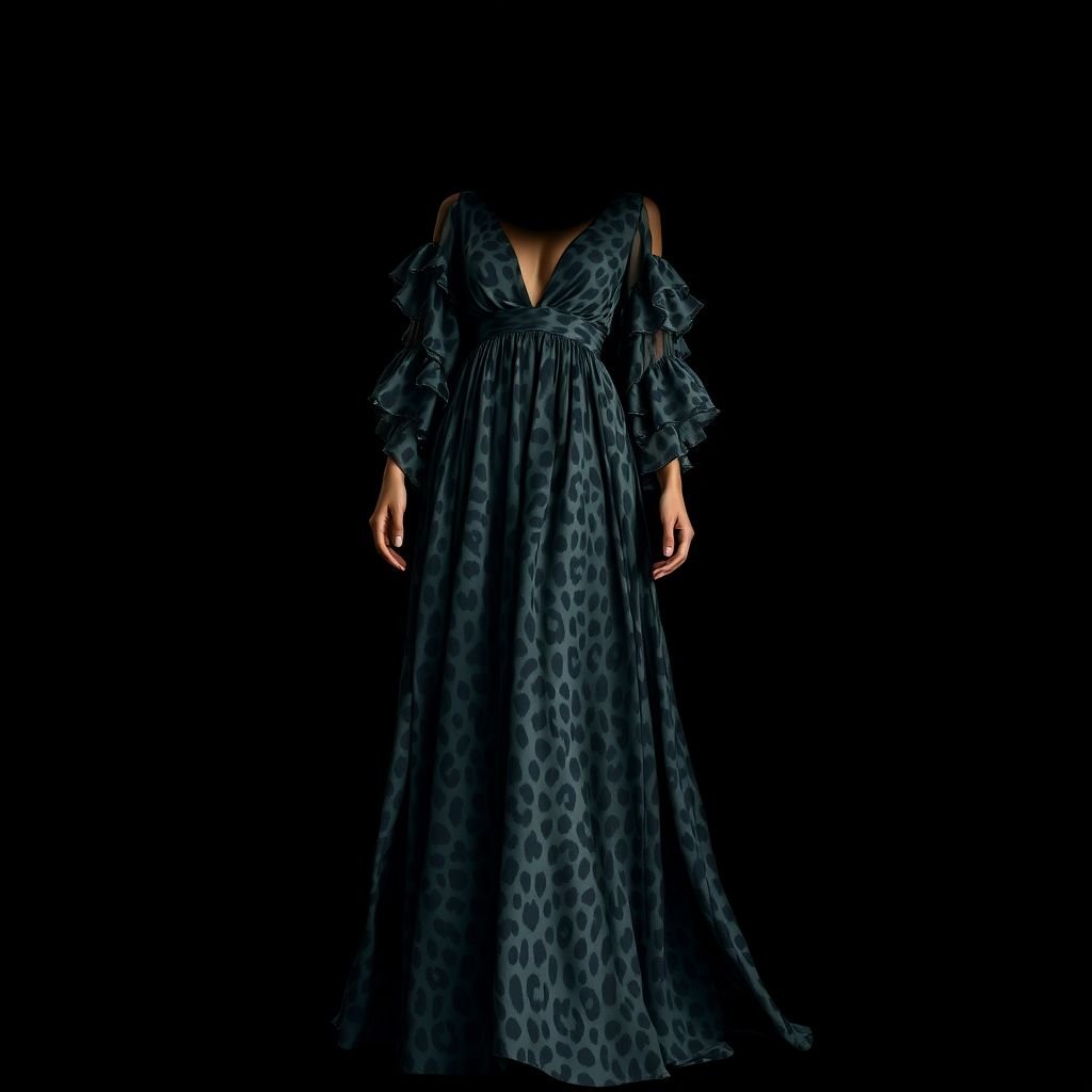 Dark tone leopard print long maxi dress made from a silk blend fabric
Envision a luxurious dark-tone leopard-print maxi dress, flowing gracefully to the floor. Crafted from a sumptuous silk blend, it features a plunging neckline and delicate, asymmetrical ruffled sleeves, adding an element of dramatism. The silhouette hugs the waist while cascading outwards, perfect for a glamorous evening event under the stars.