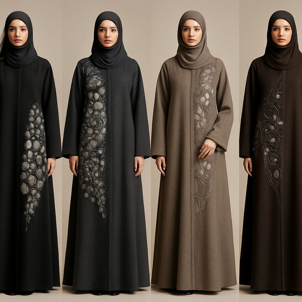 Create a modest abaya that's the first of its kind, featuring a unique stone design that exudes a classy and sophisticated vibe. I'd like four designs, each showcasing different styles and fabrics.
Incorporate high-end, unique chic stone designs to make them truly special. Add a little sophisticated stone work to it.

Create a modest abaya that's the first of its kind, featuring a unique stone design that exudes a classy and sophisticated vibe. I'd like four designs, each showcasing different styles and fabrics.
Incorporate high-end, unique chic stone designs to make them truly special. Add a little sophisticated stone work to it.