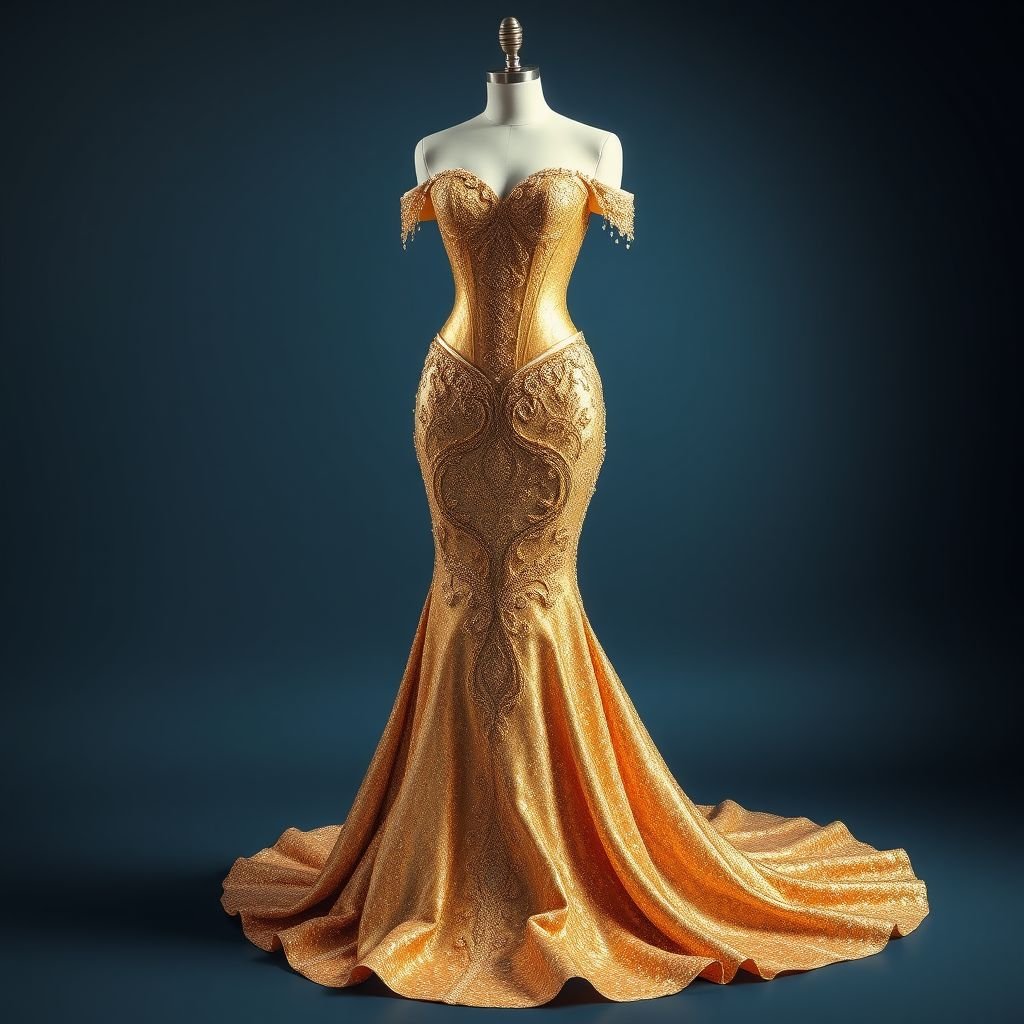 Please create a gold corset mermaid dress for me
Design a breathtaking gold corset mermaid dress that shimmers with opulence. Featuring intricate beading and sequins, the structured corset should hug the body, flowing into a dramatic, flared tail. Add elegant off-the-shoulder sleeves adorned with cascading crystals and a sweeping train, embodying a timeless glamour that dazzles on every occasion.