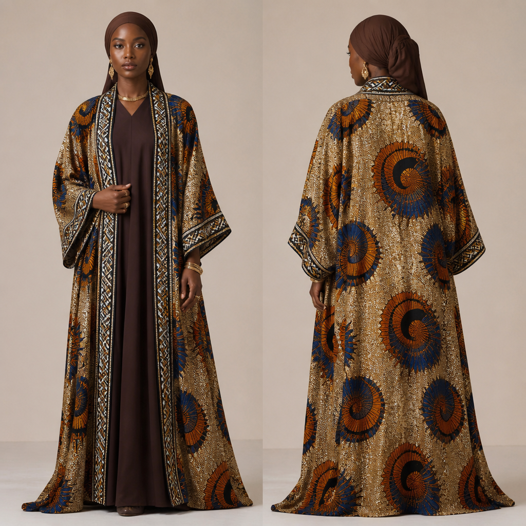 An abaya on a lady with a kimono ontop
photorealistic fashion design, An abaya on a lady with a kimono ontop, african style, just the design no text, show front and back