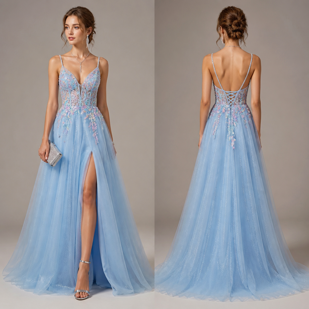 Light blue prom dress with accessories
photorealistic fashion design, Light blue prom dress with accessories, colorful style, just the design no text, show front and back