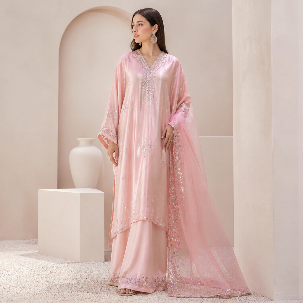 style glamorous
fabric,pure mirror shiny silk
occasion wedding
summer season
color light pink
fit :long kameez with plazoo with light pink dupatta and low mirror embroidery
body slim
skin tone fair
fabric feel flowy light and asthetic
makeup look asthetic gorgeous like Pinteresty
neck design asthetic
sleeve simple with simple embroidery
kameez shape asthetic
darkh pink dupataa in light way
kameez look like kaftan. Pakistan fashion aesthetics. Present it as professional fashion catalogue photography: the garment is the subject, shown full-length with editorial styling, neutral posing and tasteful, non-suggestive framing.
photorealistic fashion design, style glamorous
fabric,pure mirror shiny silk
occasion wedding
summer season
color light pink
fit :long kameez with plazoo with light pink dupatta and low mirror embroidery
body slim
skin tone fair
fabric feel flowy light and asthetic
makeup look asthetic gorgeous like Pinteresty
neck design asthetic
sleeve simple with simple embroidery
kameez shape asthetic
darkh pink dupataa in light way
kameez look like kaftan. Pakistan fashion aesthetics. Present it as professional fashion catalogue photography: the garment is the subject, shown full-length with editorial styling, neutral posing and tasteful, non-suggestive framing., just the design no text