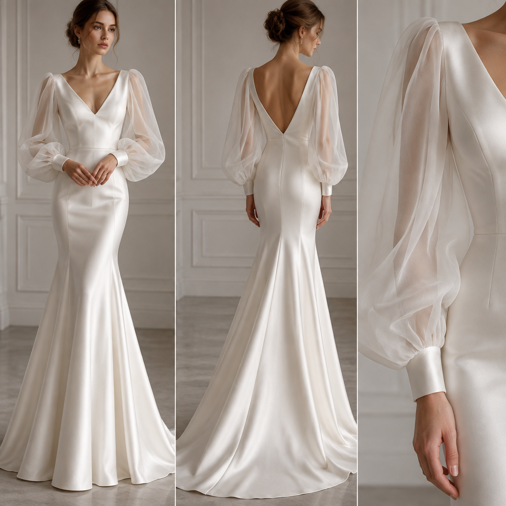 Silk white long dress V-neck puffy long transparent sleeves, mermaid skirt
photorealistic fashion design, Silk white long dress V-neck puffy long transparent sleeves, mermaid skirt , classic style, just the design no text