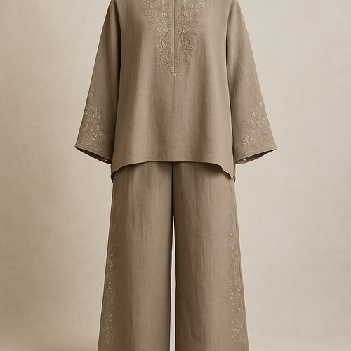 A pioneering two-piece modest ensemble crafted from premium linen — featuring fluid, loose-cut pants and an elegant relaxed top, elevated with refined embroidery and delicate stone detailing. Designed in minimalist, sophisticated hues, it delivers a rich, chic aesthetic that feels unmistakably unique and first of its kind. Make them breathable and stylish hands

