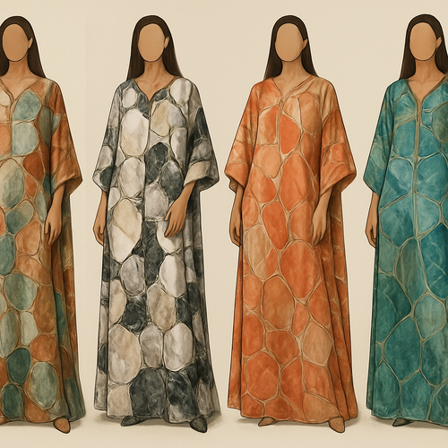 Create me modest boubou that's first in the world, using unique stone design, classy and sophisticated. Keep me 4 designs.