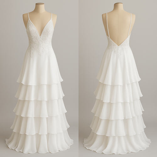 Low cut evening dress. White with white beading embroidery in the middle part and a tiered ruffle long maxi skirt