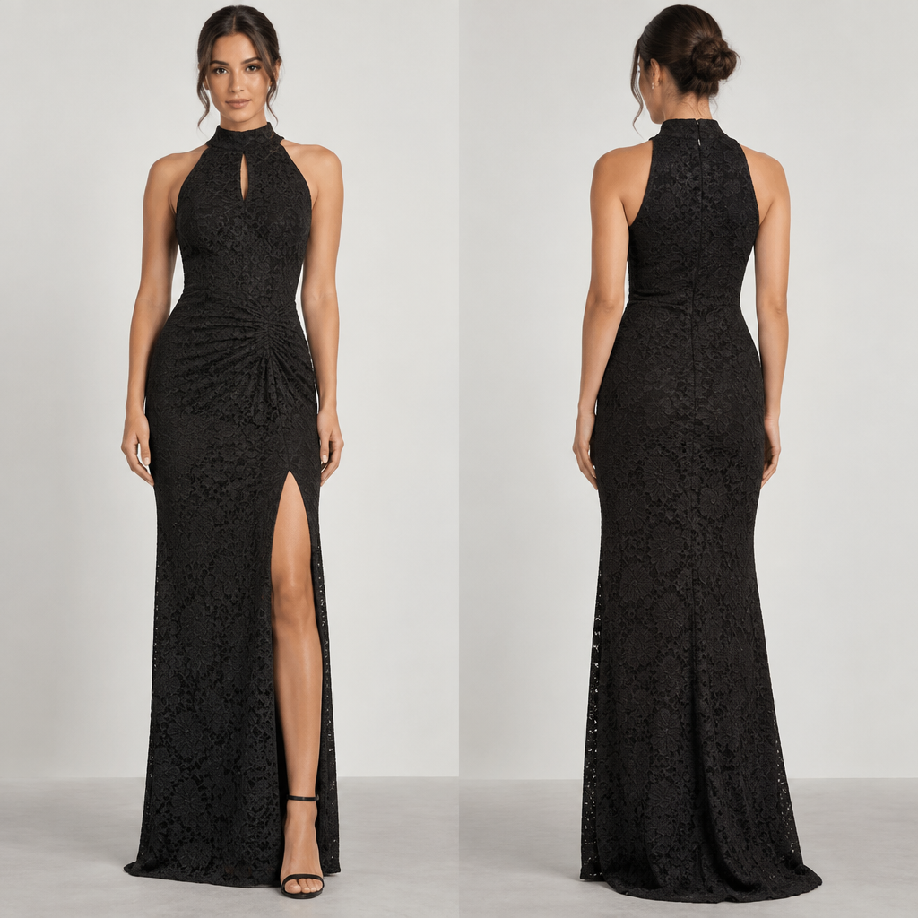 Recreate this black fitted lace maxi dress, keeping the high neckline, small center keyhole, gathered waist detail and thigh slit. Make all lace areas completely opaque with black lining underneath. Keep the elegant fitted silhouette.”
photorealistic fashion design, Recreate this black fitted lace maxi dress, keeping the high neckline, small center keyhole, gathered waist detail and thigh slit. Make all lace areas completely opaque with black lining underneath. Keep the elegant fitted silhouette.”, just the design no text