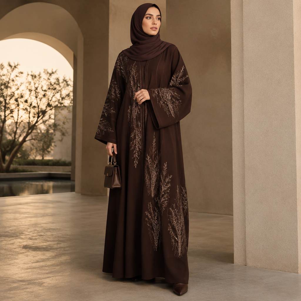 A Female Dress design, with modest, full coverage: longer hemlines, higher necklines and covered shoulders, suitable for Fall. Consider Saudi/Gulf fashion — abaya, modest luxury, opulent fabrics, contemporary modest fashion, designer abayas and kaftans. Current season is Autumn in Saudi Arabia. Present it as professional fashion catalogue photography: the garment is the subject, shown full-length with editorial styling, neutral posing and tasteful, non-suggestive framing.
photorealistic fashion design, A Female Dress design, with modest, full coverage: longer hemlines, higher necklines and covered shoulders, suitable for Fall. Consider Saudi/Gulf fashion — abaya, modest luxury, opulent fabrics, contemporary modest fashion, designer abayas and kaftans. Current season is Autumn in Saudi Arabia. Present it as professional fashion catalogue photography: the garment is the subject, shown full-length with editorial styling, neutral posing and tasteful, non-suggestive framing., just the design no text