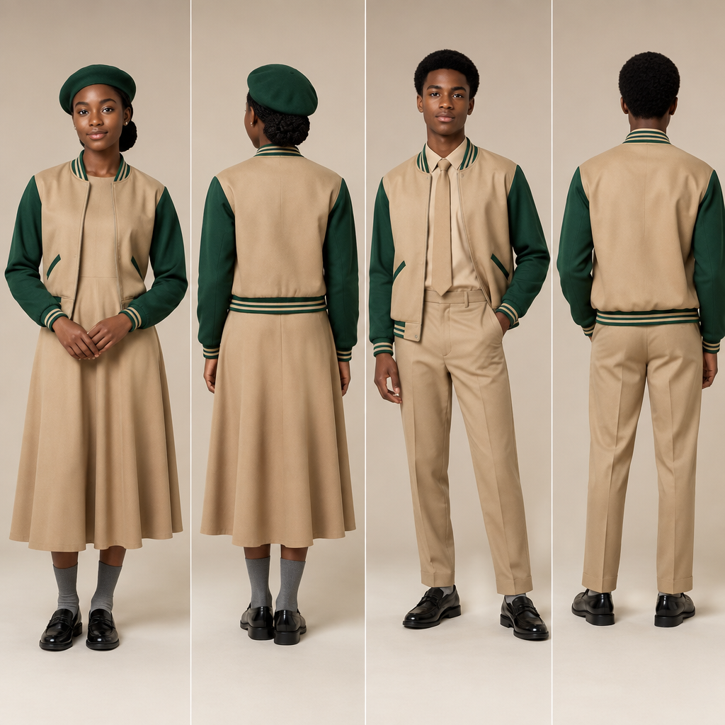 Design a light brown baseball jacket with green accents.No writings on the jacket . Use black teenagers as models.show back and front face.
A light brown fit and flare dress,covering chest area,almost reaching ankles,green barrett and grey socks for the female.
A light brown relaxed trouser reaching ankles,light brown shirt,light brown tie and grey socks for the male.
Nice black school shoes for both.. Design with modest coverage. Present it as professional fashion catalogue photography: the garment is the subject, shown full-length with editorial styling, neutral posing and tasteful, non-suggestive framing.
photorealistic fashion design, Design a light brown baseball jacket with green accents.No writings on the jacket . Use black teenagers as models.show back and front face.
A light brown fit and flare dress,covering chest area,almost reaching ankles,green barrett and grey socks for the female.
A light brown relaxed trouser reaching ankles,light brown shirt,light brown tie and grey socks for the male.
Nice black school shoes for both.. Design with modest coverage. Present it as professional fashion catalogue photography: the garment is the subject, shown full-length with editorial styling, neutral posing and tasteful, non-suggestive framing., just the design no text, show front and back