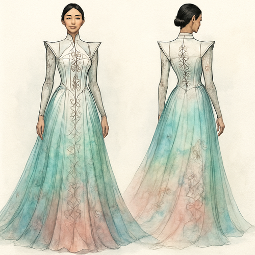 A majestic haute couture robe blending Moroccan and Japanese aesthetics.
The top is structured and elegant, inspired by architectural Japanese silhouettes, featuring a corset-style bodice with clean lines.
Embroidered Amazigh motifs trace the seams like sacred tattoos.
The lower part of the robe flows like water — made of soft, sheer fabrics such as chiffon or silk, in watercolor gradients of turquoise, soft green, and rose-gold.
Subtle Japanese ink-style floral designs are painted or printed across the fabric, merging into Amazigh geometric patterns in a fluid, poetic style.
The overall effect is divine feminine, ethereal, regal — a moving piece of art that radiates magnetism, mystery, and ancient power.
The robe is worn by a confident woman who embodies softness and strength, a modern queen channeling ancient feminine energy.