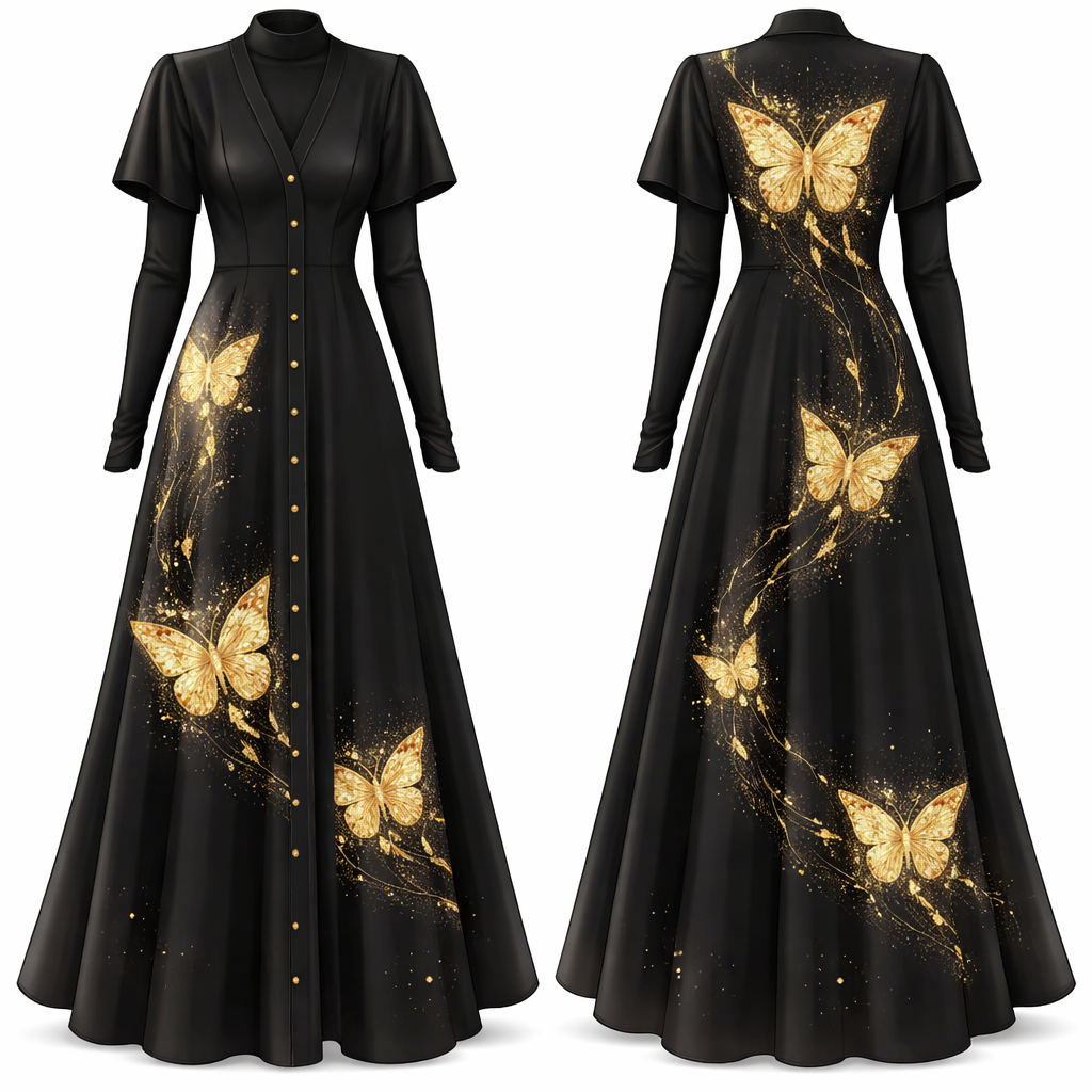 don’t draw the face and the drawing should not be human but fashion design so the texture and look should be of that of an Abaya for Muslim girls black in color make sure it’s short sleeved paired with a black long sleeve shirt in the inside and make it have golden buttons from the middle till down it’s long as well and make it have big gold butterfly patterns on it with shiny gold on it as well
don’t draw the face and the drawing should not be human but fashion design so the texture and look should be of that of an Abaya for Muslim girls black in color make sure it’s short sleeved paired with a black long sleeve shirt in the inside and make it have golden buttons from the middle till down it’s long as well and make it have big gold butterfly patterns on it with shiny gold on it as well, show front and back