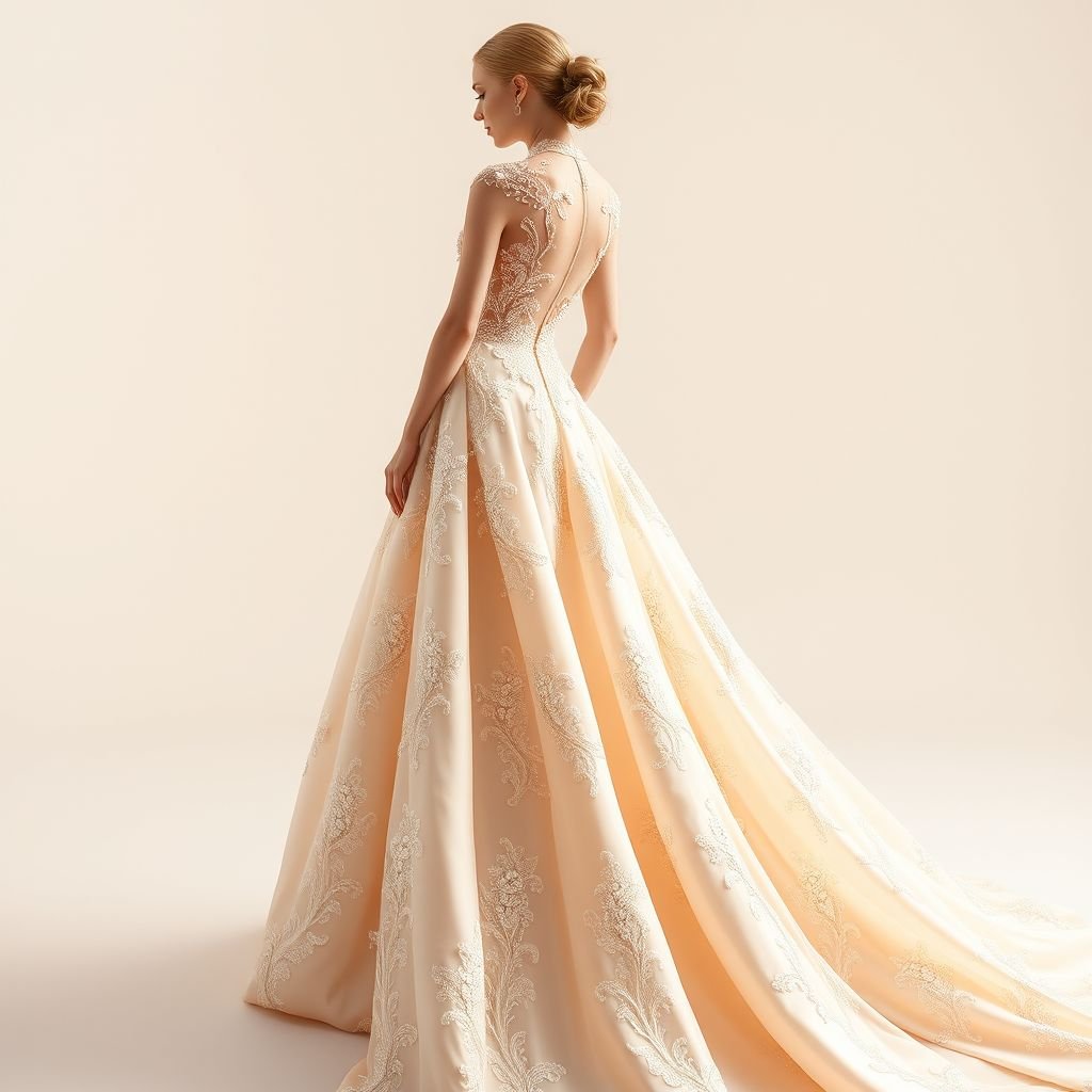 法式刺绣真丝长裙
Design an exquisite, floor-length haute couture silk gown adorned with intricate French embroidery that cascades elegantly down the silhouette. Incorporate delicate lace inserts, soft pastel hues, and a dramatic train, embodying romance and sophistication. Accentuate the intricate details with pearls and sequins, transforming this piece into a timeless statement of luxury.