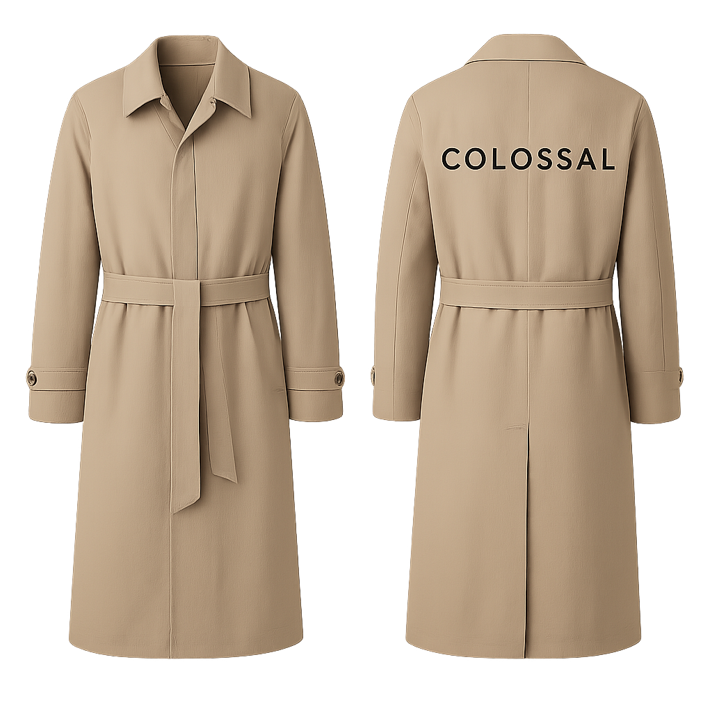 I would
Like a men’s trench coat with simple  and minimal design with the logo
Colossal
 

I would
Like a men’s trench coat with simple  and minimal design with the logo
Colossal
 , show front and back