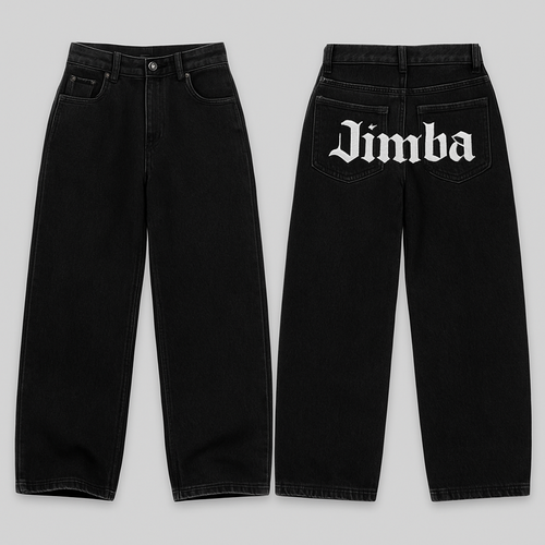 Pantalone largo baggy in denim nero con ricamato sulle tasche posteriori “jimba”