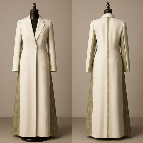 

(structured blazer abaya).
photorealistic, English)
"Photorealistic full-length photograph of an ankle-length ivory-cream blazer-style abaya on a luxurious dark polished wooden mannequin with a brass neck cap. The abaya has a structured blazer silhouette: slightly padded shoulders, notched lapels, single hidden hook closure at waist, and tailored vertical seams for a clean fitted look. External Kashmiri jacquard panels (olive with subtle white motifs) are sewn on the outer edge of long side slits running from underarm to ankle. Matte gold Najdi geometric embroidery traces the outer edge of each Kashmiri panel and forms a centered vertical stripe 5–6 cm wide from nape to ankle. Fabrics: lightweight crepe/silk-blend body, Kashmiri jacquard panels, lightweight viscose lining. Styling: dark polished wooden mannequin, brass neck cap, warm studio lighting, neutral background, full-length view showing lapels, side panels and back stripe, high-detail texture, 4k resolution. Negative: no text, no watermark, no extra props."

"Ivory-cream ankle blazer-style abaya on dark wooden mannequin — notched lapels, structured shoulders, hidden waist closure, olive-white Kashmiri outer side panels underarm-to-ankle, gold Najdi embroidery along panel edges and 5–6 cm back stripe, photorealistic, studio light, full-length."