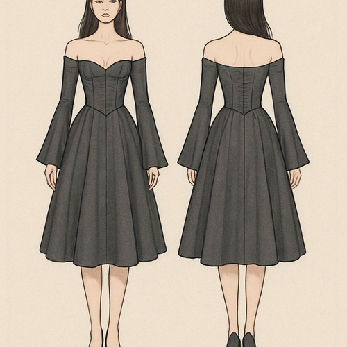 Off shoulder dress that shows a little cleavage with a corset torso, the sleeves are long and flare out towards the ends covering the hands just a bit. The skirt part goes to the knees and is like a princess skirt although not as poofy