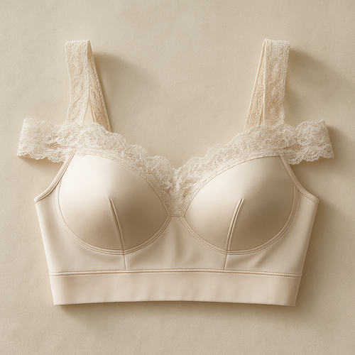 Luxury women’s sports bra inspired by bridal elegance — off-the-shoulder cut with subtle lace detailing around neckline and straps, sculpting technical fabric with satin finish, refined transparency effects, ivory and soft nude tones, premium look with seamless support, photographed in natural soft light.”