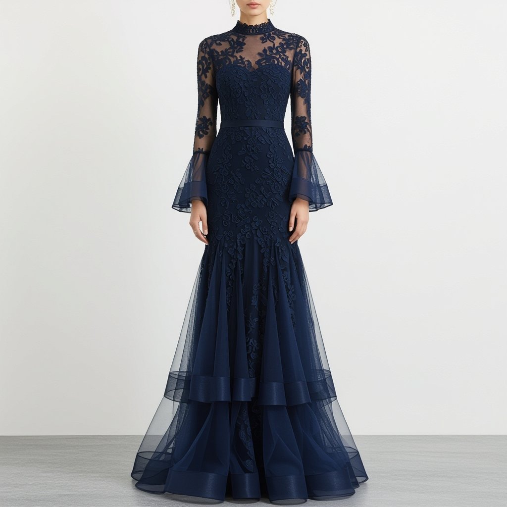 A fitted sleeveless tube dress in navy blue lace with 3 layer tulle puffy skirt and tulle on the dress neckline
Elegant fashion: A fitted sleeveless tube dress in navy blue lace with a 3-layer tulle puffy skirt, a high neckline and long transparent flared sleeves.
