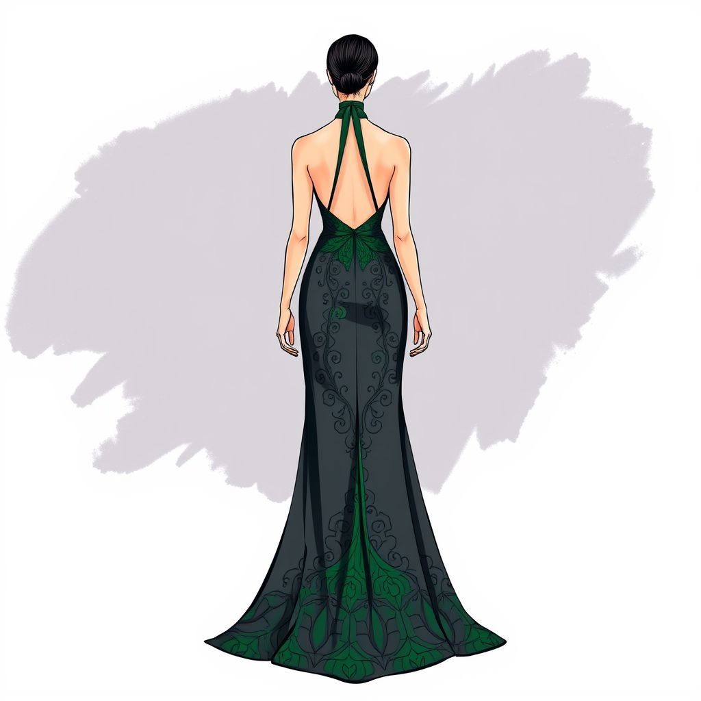 Front view of Halter neck, open back, wide-leg fit • Colors: Slate, Forest Green 9
Imagine a stunning halter neck gown featuring a daring open back that flows elegantly into a wide-leg silhouette. The rich slate base is elegantly contrasted by forest green accents, cascading down the sides. Adorned with intricate geometric patterns, this design exudes sophistication and modernity, perfect for any upscale evening event.