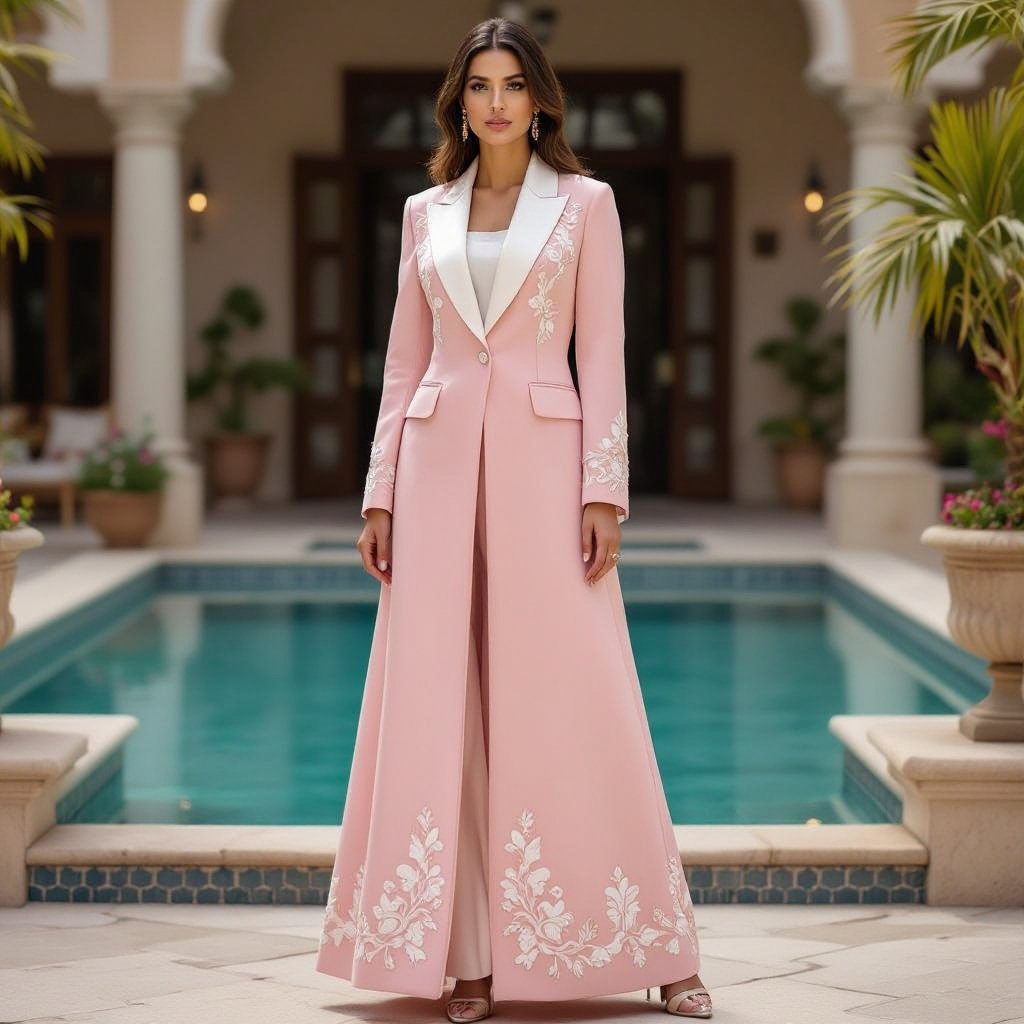 Long Abaya Blazer Design – Formal & Elegant • Outer Fabric: Worsted Wool (Super Wool) in a baby pink shade (very soft light pink). • Offers a subtle refined sheen with a straight, elegant structure that enhances the blazer style. • Inner Lining: Bemberg Rayon in light beige or pastel pink for added comfort and smoothness. • Key Details: • A-Line cut flowing gracefully from shoulder to floor. • Slim feminine blazer lapel with clean, neat finishing. • Hidden inner closure to keep the focus on the outer design and embroidery. • Back design: Kept plain and minimal, with a small slit at the center back hem, emphasizing the blazer character while allowing ease of movement. • Embroidery: • Crafted in delicate off-white raised stitching. • Placement: Starting from the right shoulder, flowing down along the side of the chest, extending seamlessly to mid-waist. • Pattern: Elegant floral and leaf motifs in raised embroidery, adding a refined feminine touch without overwhelming the formal character. • Subtle accents in very light golden threads can be added for a luminous effect under lighting. ⸻ ✨ Result: A baby pink abaya blazer with refined off-white side embroidery, plain back with a subtle slit, designed to blend formality, luxury, and feminine softness — perfect for occasions and business gatherings. Haute Couture fashion: Baby pink wool abaya blazer, A-line, with a slim lapel. Hidden front closure. Off-white raised floral embroidery from shoulder to mid-waist, with subtle gold accents. Plain back with a small hem slit.
Glamorous fashion: Baby pink wool abaya blazer, A-line, with a slim satin lapel. Hidden front closure. Off-white raised floral embroidery with gold accents from shoulder to mid-waist. Plain back with a small hem slit. Crystal buttons.