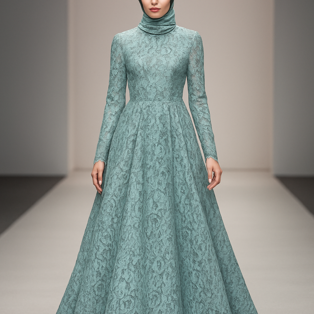 runway dress, unique, modest, outstanding, eyecatching, aqua grey color
runway dress, unique, modest, outstanding, eyecatching, aqua grey color, lace style