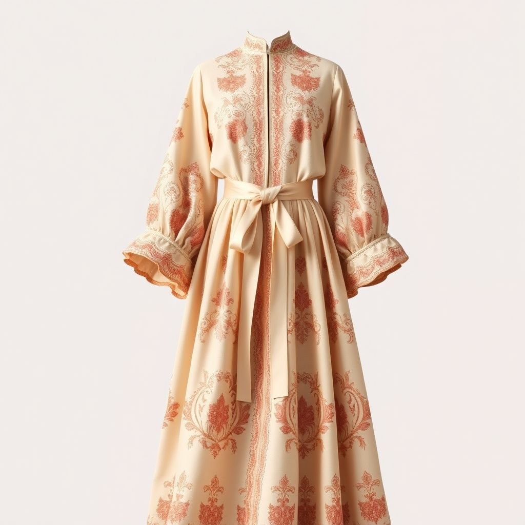 Long haftan with embroidery
Design an elegant long haftan, embodying classic fashion with its flowing silhouette and fine craftsmanship. The fabric features intricate, vintage-inspired embroidery inspired by historic motifs, showcasing soft pastel shades and rich textures. Add a cinched waist with a delicate sash, refined long sleeves, and a subtle train for a timeless allure.