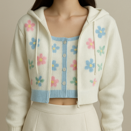 Make me a realistic design, a small white top that has a cute preppy design with pastel colors, and flower designs too also a white sweater with a hood