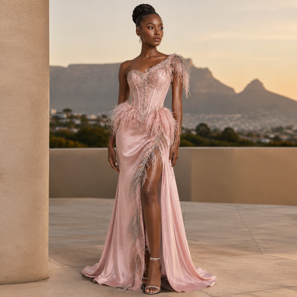 A Dress design, suitable for Spring, in Classic style. i want this dress formed into a corset with a slit one arm dress and light pink feathers and silver feathers added to the slit and the waist of the dress around my waist should be feathers. South Africa fashion aesthetics. Present it as professional fashion catalogue photography: the garment is the subject, shown full-length with editorial styling, neutral posing and tasteful, non-suggestive framing.
photorealistic fashion design, A Dress design, suitable for Spring, in Classic style. i want this dress formed into a corset with a slit one arm dress and light pink feathers and silver feathers added to the slit and the waist of the dress around my waist should be feathers. South Africa fashion aesthetics. Present it as professional fashion catalogue photography: the garment is the subject, shown full-length with editorial styling, neutral posing and tasteful, non-suggestive framing., classic style, just the design no text