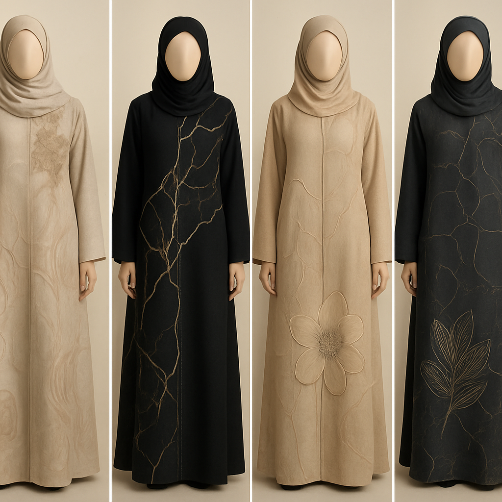 Create a modest abaya that's the first of its kind, featuring a unique stone design that exudes a classy and sophisticated vibe. I'd like four designs, each showcasing different styles and fabrics.Incorporate high-end, unique chic stone designs to make them truly special. And add little cute touch of sophisticated stone designs. Add huge flower and unique designs.

Create a modest abaya that's the first of its kind, featuring a unique stone design that exudes a classy and sophisticated vibe. I'd like four designs, each showcasing different styles and fabrics.Incorporate high-end, unique chic stone designs to make them truly special. And add little cute touch of sophisticated stone designs. Add huge flower and unique designs.