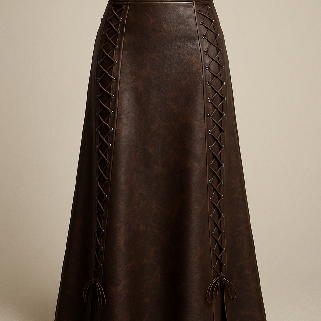 Leather full length maxi skirt dark brown colour with slight marble design
Criss cross laces up each side
Leather full length maxi skirt dark brown colour with slight marble design
Criss cross laces up each side