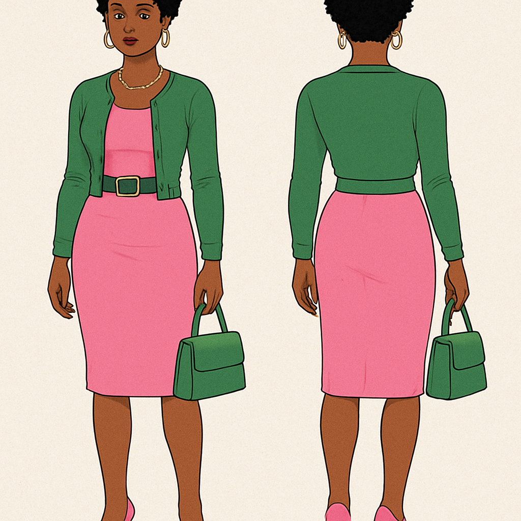 Black woman
Short curls
Gold jewelry
green belt
Pink dress fitted green cardigan
Pink heels White
Green purse
Black woman
Short curls
Gold jewelry
green belt
Pink dress fitted green cardigan
Pink heels White
Green purse
, streetwear style, show front and back