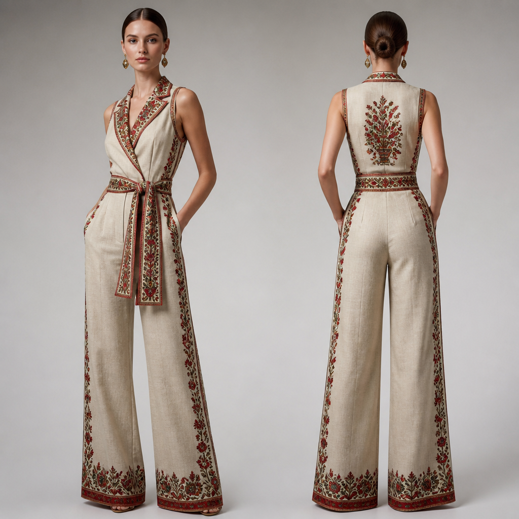 A Female Jumpsuit design, for Work. Consider Russian fashion — fur and layering traditions, bold patterns, mix of European elegance and Slavic folk motifs. Current season is Summer in Russia.
photorealistic fashion design, A Female Jumpsuit design, for Work. Consider Russian fashion — fur and layering traditions, bold patterns, mix of European elegance and Slavic folk motifs. Current season is Summer in Russia., just the design no text, show front and back