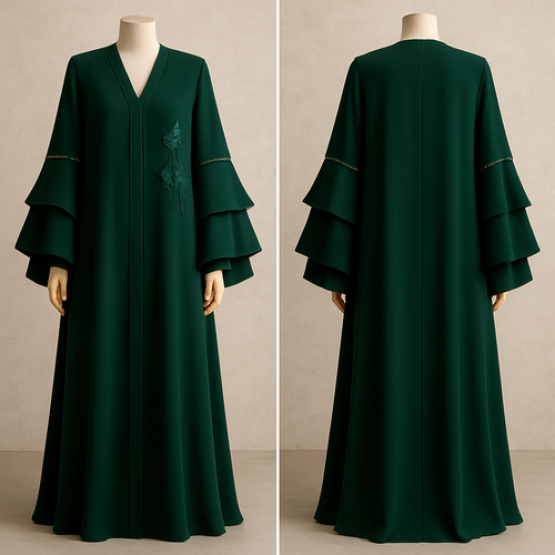 The Luxury Double-Sleeve Abaya
Tone: Deep Emerald Design: Layered double-sleeve with stone outlines and a few floral appliqués. Why it will sell: Double-sleeve designs trend every year sophisticated and instantly attractive.
