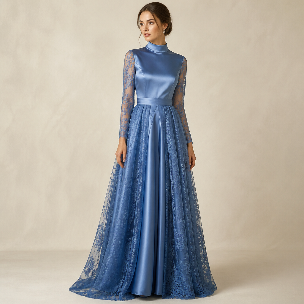 A Female Dress design, with modest, full coverage: longer hemlines, higher necklines and covered shoulders, suitable for Summer, in Elegant style. قطعه حرير من صدر لحد الخصر بلون الازرق
اليدين و ساعد مغطاه بدانتيل ازرق شفاف
التنوره تكون واسعه وطبعتها الاولى حرير ازرق و طبقة الثانيه دانتيل شفاف Present it as professional fashion catalogue photography: the garment is the subject, shown full-length with editorial styling, neutral posing and tasteful, non-suggestive framing.
photorealistic fashion design, A Female Dress design, with modest, full coverage: longer hemlines, higher necklines and covered shoulders, suitable for Summer, in Elegant style. قطعه حرير من صدر لحد الخصر بلون الازرق
اليدين و ساعد مغطاه بدانتيل ازرق شفاف
التنوره تكون واسعه وطبعتها الاولى حرير ازرق و طبقة الثانيه دانتيل شفاف Present it as professional fashion catalogue photography: the garment is the subject, shown full-length with editorial styling, neutral posing and tasteful, non-suggestive framing., elegant style, just the design no text