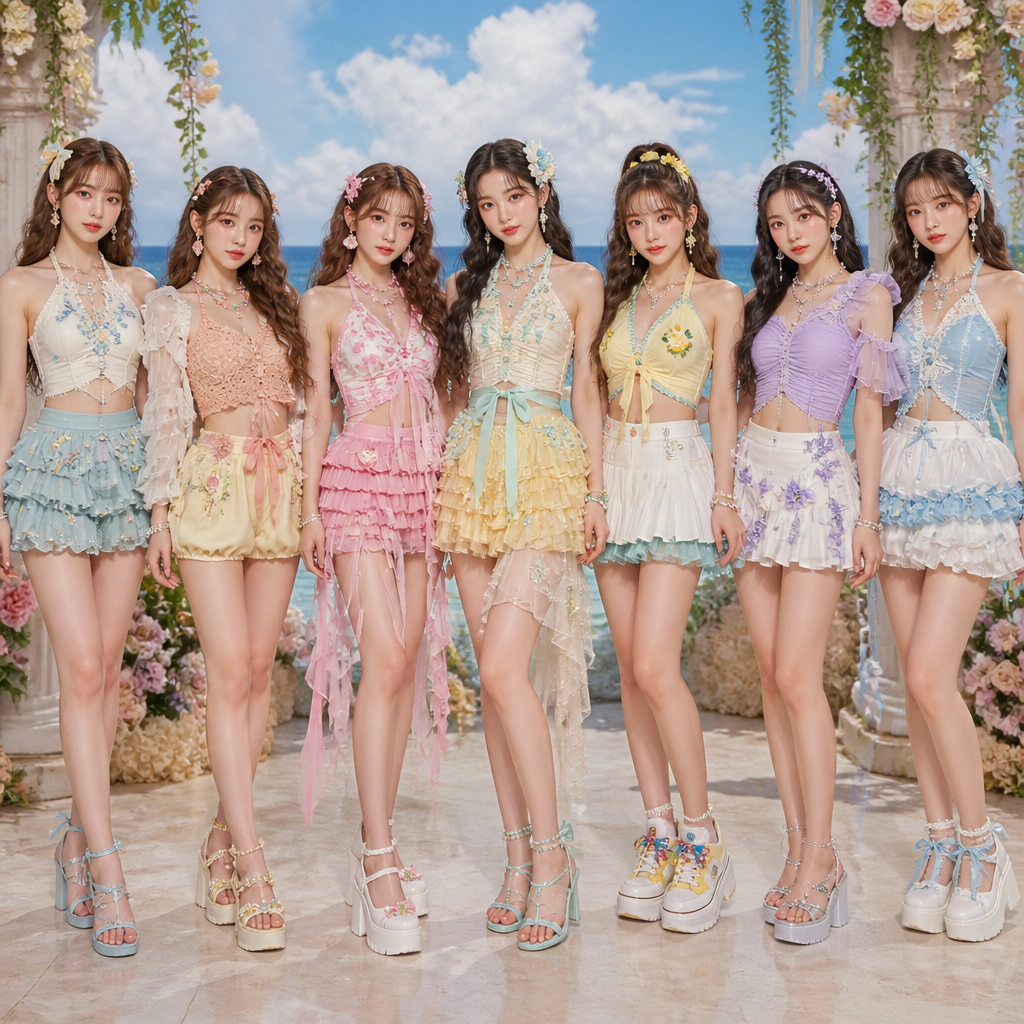A Female Dress design, suitable for Summer. Create a detailed fashion concept board for a fictional 7-member K-pop girl group FLOA, for their debut album “FIZZ!” — SUNLIGHT version.
CONCEPT:
Whimsical romantic summer × dreamy vintage doll × seaside garden × playful Y2K vacation fashion.
The styling must feel EXTREMELY SUMMER and visually elaborate, not basic or minimal. The summer feeling must come from the clothing silhouettes, fabrics, prints, trims, embroidery, and decorative details.
IMPORTANT:
Only show and design:
1. Clothing
2. Shoes
3. Hair accessories and jewelry
4. Hairstyles
DO NOT include bags, handbags, purses, backpacks, or other bags.
Do not add unrelated props.
GROUP COLOR PALETTE:
ivory, cream, powder blue, aqua, butter yellow, blush pink, peach, soft coral, light denim, mint and lavender.
The members should NOT each wear only their representative color. Mix the colors across all seven outfits so they look like one cohesive fashion collection.
DESIGN DETAILS:
ruched fabric, halter necklines, tie-back tops, asymmetric tops, layered mini skirts, bubble skirts, tiered ruffles, sheer chiffon, lace edging, crochet panels, floral embroidery, 3D flower appliqués, pearl clusters, shell charms, ribbon ties, beaded details, scalloped hems, tiny rosettes, delicate bows and whimsical summer ornaments.
MEMBER 1 — SIA:
Ivory ruched halter top with aqua floral embroidery, pearl neckline details and long ribbon ties.
Layered aqua ruffle mini skirt with scalloped hem and tiny shell decorations.
Aqua ribbon sandals with delicate pearl details.
Pearl earrings, shell bracelet and small blue ribbon hair accessories.
Soft half-up hairstyle with loose wavy strands.
MEMBER 2 — NOVA:
Peach crochet camisole with intricate floral knit pattern.
Cream sheer cropped cardigan with ruffled sleeves.
Soft-yellow bubble shorts with tiny embroidered flowers and a peach ribbon waist detail.
Cream platform sandals with decorative floral details.
Layered colorful bead necklace, shell earrings and peach flower hair clips.
Loose beach waves with a small side braid.
MEMBER 3 — SEOLA:
White and blush-pink asymmetrical floral halter top with a flowing sheer chiffon detail.
Three-tier pink ruffle mini skirt with tiny rose appliqués and long ribbon ties.
White platform Mary Jane shoes decorated with tiny flowers.
Pearl necklace, shell bracelet and pink floral hair accessories.
Romantic loose curls with a half-up ribbon hairstyle.
MEMBER 4 — ISEUL:
Butter-yellow tie-front halter top with aqua piping, tiny lemon embroidery and floral details.
White pleated mini skirt with an aqua ruffle underlayer.
Yellow-and-white platform sneakers with colorful decorative laces.
Colorful beaded bracelets, fruit-inspired charms and small yellow flower hair clips.
High half-up ponytail with playful curled ends.
MEMBER 5 — ZOE:
Lavender asymmetrical ruched top with one sheer ruffled sleeve.
White low-rise denim mini skirt with lavender floral appliqués and a delicate silver waist chain.
Silver platform sandals with tiny star and crystal details.
Silver star earrings, pearl necklace and lavender butterfly hair clips.
Long soft waves with two small face-framing braids.
MEMBER 6 — SIEUN:
Baby-blue babydoll halter top with white lace inserts and pearl embroidery.
White bubble mini skirt with layered blue floral ruffles and ribbon ties.
White platform shoes with blue ribbon laces and tiny floral decorations.
Pearl hair clips, shell anklet and delicate pearl bracelet.
Soft curled half-up hairstyle with small ribbon bows.
MEMBER 7 — AERIN — CENTER:
Ivory ruched halter top with mint and aqua floral embroidery, pearl neckline details and long mint ribbon ties.
Butter-yellow layered ruffle mini skirt with aqua floral appliqués and an asymmetrical sheer ruffle panel.
Mint-and-white strappy sandals with pearl ankle-chain details.
3D floral hair accessory, tiny shell earrings, pearl bracelet and delicate anklet.
Long glossy waves styled half-up with loose strands framing the face.
OVERALL:
Seven distinctly different outfits, but clearly from the same high-fashion summer collection.
Highly detailed garments with visible embroidery, appliqués, ruffles, ribbons, beads, shells, lace and layered fabrics.
Fresh, youthful, feminine, whimsical and luxurious.
Strong summer vacation feeling.
No plain basic outfits.
No bags.
Full-body fashion styling showing the complete clothing, shoes, accessories and hairstyles.. Design with modest coverage.
photorealistic fashion design, A Female Dress design, suitable for Summer. Create a detailed fashion concept board for a fictional 7-member K-pop girl group FLOA, for their debut album “FIZZ!” — SUNLIGHT version.
CONCEPT:
Whimsical romantic summer × dreamy vintage doll × seaside garden × playful Y2K vacation fashion.
The styling must feel EXTREMELY SUMMER and visually elaborate, not basic or minimal. The summer feeling must come from the clothing silhouettes, fabrics, prints, trims, embroidery, and decorative details.
IMPORTANT:
Only show and design:
1. Clothing
2. Shoes
3. Hair accessories and jewelry
4. Hairstyles
DO NOT include bags, handbags, purses, backpacks, or other bags.
Do not add unrelated props.
GROUP COLOR PALETTE:
ivory, cream, powder blue, aqua, butter yellow, blush pink, peach, soft coral, light denim, mint and lavender.
The members should NOT each wear only their representative color. Mix the colors across all seven outfits so they look like one cohesive fashion collection.
DESIGN DETAILS:
ruched fabric, halter necklines, tie-back tops, asymmetric tops, layered mini skirts, bubble skirts, tiered ruffles, sheer chiffon, lace edging, crochet panels, floral embroidery, 3D flower appliqués, pearl clusters, shell charms, ribbon ties, beaded details, scalloped hems, tiny rosettes, delicate bows and whimsical summer ornaments.
MEMBER 1 — SIA:
Ivory ruched halter top with aqua floral embroidery, pearl neckline details and long ribbon ties.
Layered aqua ruffle mini skirt with scalloped hem and tiny shell decorations.
Aqua ribbon sandals with delicate pearl details.
Pearl earrings, shell bracelet and small blue ribbon hair accessories.
Soft half-up hairstyle with loose wavy strands.
MEMBER 2 — NOVA:
Peach crochet camisole with intricate floral knit pattern.
Cream sheer cropped cardigan with ruffled sleeves.
Soft-yellow bubble shorts with tiny embroidered flowers and a peach ribbon waist detail.
Cream platform sandals with decorative floral details.
Layered colorful bead necklace, shell earrings and peach flower hair clips.
Loose beach waves with a small side braid.
MEMBER 3 — SEOLA:
White and blush-pink asymmetrical floral halter top with a flowing sheer chiffon detail.
Three-tier pink ruffle mini skirt with tiny rose appliqués and long ribbon ties.
White platform Mary Jane shoes decorated with tiny flowers.
Pearl necklace, shell bracelet and pink floral hair accessories.
Romantic loose curls with a half-up ribbon hairstyle.
MEMBER 4 — ISEUL:
Butter-yellow tie-front halter top with aqua piping, tiny lemon embroidery and floral details.
White pleated mini skirt with an aqua ruffle underlayer.
Yellow-and-white platform sneakers with colorful decorative laces.
Colorful beaded bracelets, fruit-inspired charms and small yellow flower hair clips.
High half-up ponytail with playful curled ends.
MEMBER 5 — ZOE:
Lavender asymmetrical ruched top with one sheer ruffled sleeve.
White low-rise denim mini skirt with lavender floral appliqués and a delicate silver waist chain.
Silver platform sandals with tiny star and crystal details.
Silver star earrings, pearl necklace and lavender butterfly hair clips.
Long soft waves with two small face-framing braids.
MEMBER 6 — SIEUN:
Baby-blue babydoll halter top with white lace inserts and pearl embroidery.
White bubble mini skirt with layered blue floral ruffles and ribbon ties.
White platform shoes with blue ribbon laces and tiny floral decorations.
Pearl hair clips, shell anklet and delicate pearl bracelet.
Soft curled half-up hairstyle with small ribbon bows.
MEMBER 7 — AERIN — CENTER:
Ivory ruched halter top with mint and aqua floral embroidery, pearl neckline details and long mint ribbon ties.
Butter-yellow layered ruffle mini skirt with aqua floral appliqués and an asymmetrical sheer ruffle panel.
Mint-and-white strappy sandals with pearl ankle-chain details.
3D floral hair accessory, tiny shell earrings, pearl bracelet and delicate anklet.
Long glossy waves styled half-up with loose strands framing the face.
OVERALL:
Seven distinctly different outfits, but clearly from the same high-fashion summer collection.
Highly detailed garments with visible embroidery, appliqués, ruffles, ribbons, beads, shells, lace and layered fabrics.
Fresh, youthful, feminine, whimsical and luxurious.
Strong summer vacation feeling.
No plain basic outfits.
No bags.
Full-body fashion styling showing the complete clothing, shoes, accessories and hairstyles.. Design with modest coverage., just the design no text