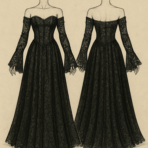 A black lace dress, corset top with off the shoulder long sleeves covering the hands as they flare out at the ends, the skirt part flows down to the feet.