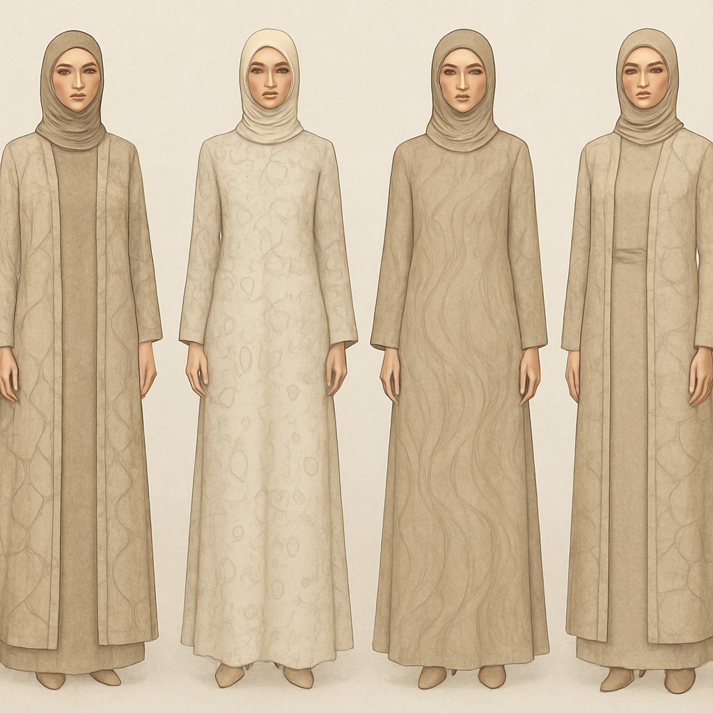 Create a modest two-piece linen abaya, the first of its kind, featuring a unique stone design that exudes a classy and sophisticated vibe. I'd like four designs, each showcasing different styles and fabrics. Incorporate high-end, unique chic stone designs to make them truly special. Add little sophisticated stone designs.

Create a modest two-piece linen abaya, the first of its kind, featuring a unique stone design that exudes a classy and sophisticated vibe. I'd like four designs, each showcasing different styles and fabrics. Incorporate high-end, unique chic stone designs to make them truly special. Add little sophisticated stone designs.