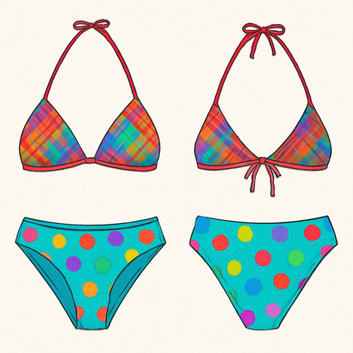 Bikini bottom with polka dots and bikini top with plaid but make it colorful and not the same colors as the top and bottom