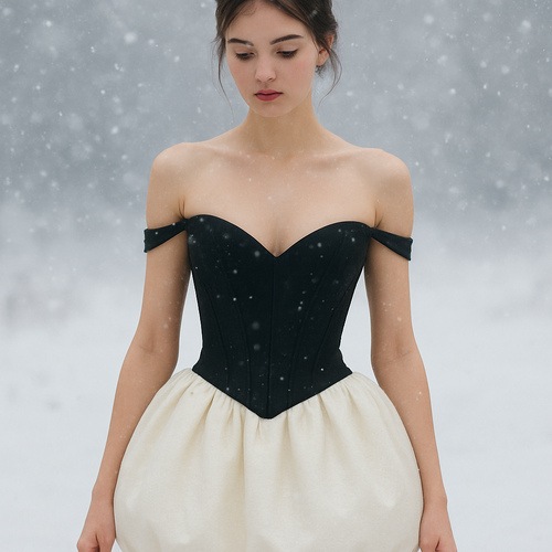 Mini dress with corset top Bardot thin straps sitting below shoulders
Skirt part to be puffball
Corset longer and straight across at end
Corset longer so less skirt showing
Remove top straps and make Bardot straps thinner
V neck in corset
Make corset black and skirt off white
Snow on model
