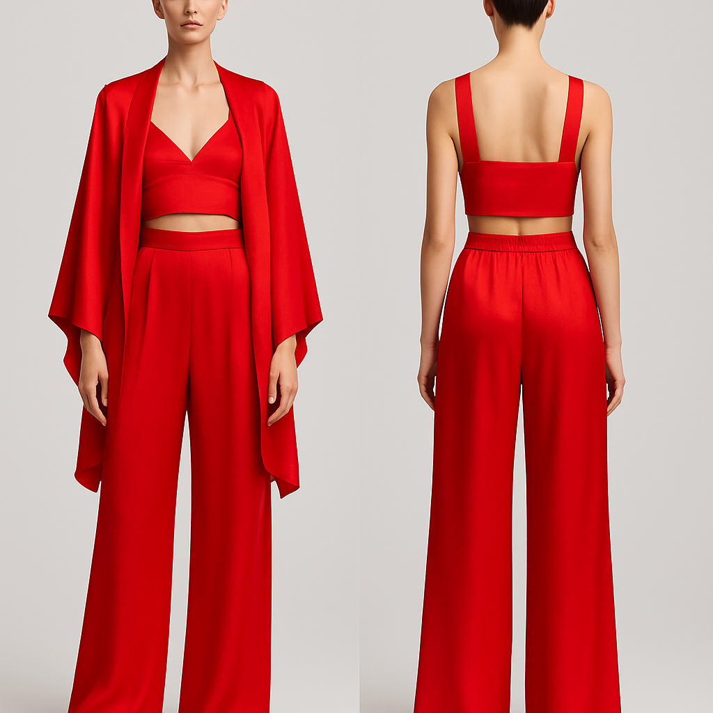 Вечерний костюм из шелка . Брюки высокая посадка широкие. Топ и накидка как пиджак. Но пиджак должен сниматься. Все в ярком красно алом цвете. Топ отдельно от штанов . Штаны должны быть более расслаблены. Без полосок . На резинке сзади . А топ с вырезом на груди и более широкими лямками
Вечерний костюм из шелка . Брюки высокая посадка широкие. Топ и накидка как пиджак. Но пиджак должен сниматься. Все в ярком красно алом цвете. Топ отдельно от штанов . Штаны должны быть более расслаблены. Без полосок . На резинке сзади . А топ с вырезом на груди и более широкими лямками
, elegant style, show front and back