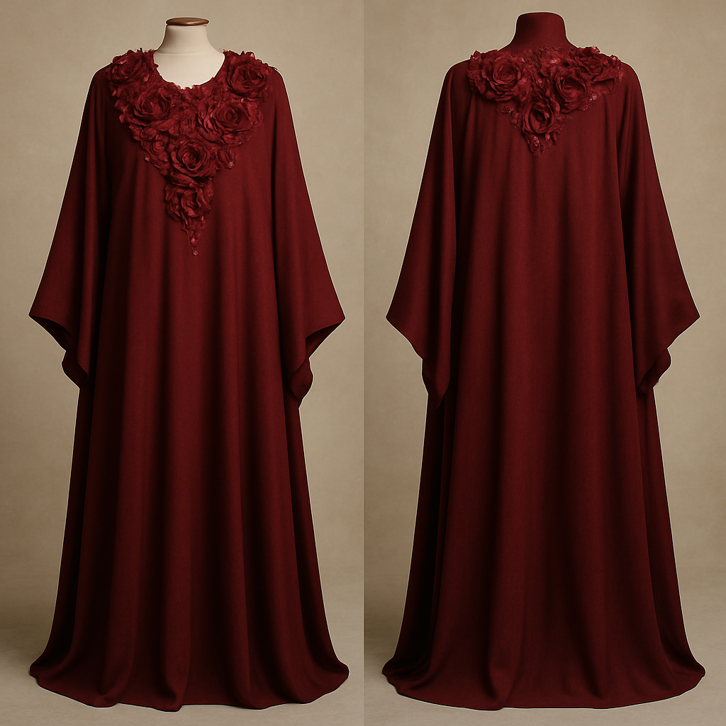 The Ruby Flora Majesty Abaya
Tone: Deep dark ruby
Design:
Large layered 3D ruby florals arranged around the neckline like a luxury necklace.
Embellishment:
Red glass stones and micro-beads giving a regal shine.
Vibe: Soft royalty + deep sensual luxury.
The Ruby Flora Majesty Abaya
Tone: Deep dark ruby
Design:
Large layered 3D ruby florals arranged around the neckline like a luxury necklace.
Embellishment:
Red glass stones and micro-beads giving a regal shine.
Vibe: Soft royalty + deep sensual luxury., show front and back