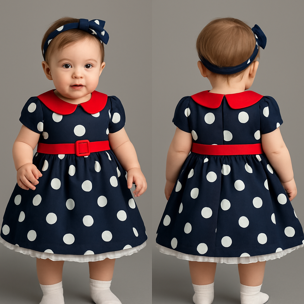 一歳の女の子着用画
暗い紺色ベースに大きめの白い水玉模様の
ロカビリーワンピース
ワンピースの裾には白いパニエが少し見える
襟は赤
胸下切り返し部分に襟と同じ色の赤でスクエアバックルベルト
頭には服とリンクしたカチューシャつけて
一歳の女の子着用画
暗い紺色ベースに大きめの白い水玉模様の
ロカビリーワンピース
ワンピースの裾には白いパニエが少し見える
襟は赤
胸下切り返し部分に襟と同じ色の赤でスクエアバックルベルト
頭には服とリンクしたカチューシャつけて, show front and back
