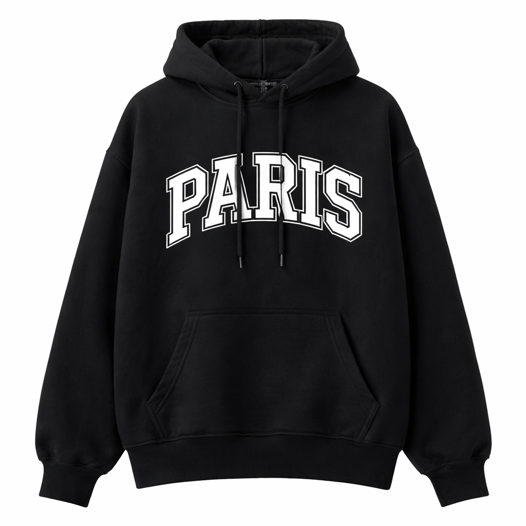 A black hoodie with Paris across the front in white
A black hoodie with Paris across the front in white