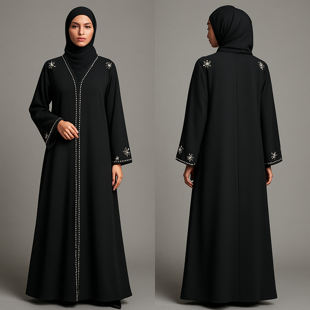 The Pearl Edge Bloom Abaya
Tone: Charcoal or Onyx Black
Design:
Pearl-lined edges with tiny floral clusters at the shoulder and cuffs.
Why it will sell:
Pearls = timeless and premium. This is a guaranteed best-seller.
The Pearl Edge Bloom Abaya
Tone: Charcoal or Onyx Black
Design:
Pearl-lined edges with tiny floral clusters at the shoulder and cuffs.
Why it will sell:
Pearls = timeless and premium. This is a guaranteed best-seller., show front and back