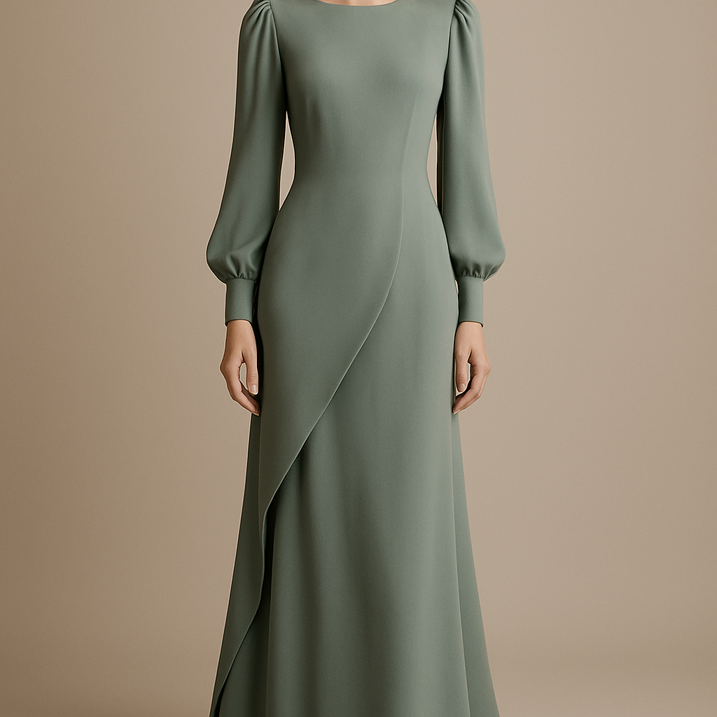 THE SILENT WAVE DRESS
A long matte-silk dress with a curved side drape that flows like a slow wave. Beneath it, a straight fitted skirt in a richer fabric appears only when you move. The sleeves are gently puffed at the shoulder, then taper into a sculpted wrist. Lightweight, goddess-like, serene.
THE SILENT WAVE DRESS
A long matte-silk dress with a curved side drape that flows like a slow wave. Beneath it, a straight fitted skirt in a richer fabric appears only when you move. The sleeves are gently puffed at the shoulder, then taper into a sculpted wrist. Lightweight, goddess-like, serene.