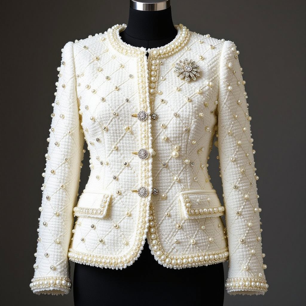 کت کوتاه (Short Jacket) با برش راسته، بدون یقه (Collarless) و فیت کلاسیک. • جنس پارچه: پارچه بُکله یا بافت برجسته، اما کاملاً تزئین شده با مرواریدهای ریز و درشت که سطح کت را بهصورت کامل پوشاندهاند. • رنگ: سفید مایل به شیری (Off-White / Ivory) که جلوهای بسیار لوکس دارد. • جزئیات تزئینی: • لبههای کت (یقه، جلوی کت، پایین آستینها و پایین کت) کاملاً با مرواریدهای درشت و ریز تزئین شده. • سطح کت دارای دوخت مشبک (Diamond Quilted) است که در نقاط تقاطع، مروارید کار شده است. • یک بروچ بزرگ روی سینه چپ نصب شده که ترکیبی از مروارید و کریستال است و جلوه کلاسیک و اشرافی به کت داده. • آستین: آستین بلند و کاملاً همتراز با بقیه کت تزئین شده با مروارید. • طراحی کن
Off-White ivory short jacket, straight cut, collarless, classic fit. Bouclé fabric with all-over pearl embellishment. Pearl-trimmed edges, diamond-quilted, pearls at intersections. Pearl and crystal brooch. Long, pearl-adorned sleeves.