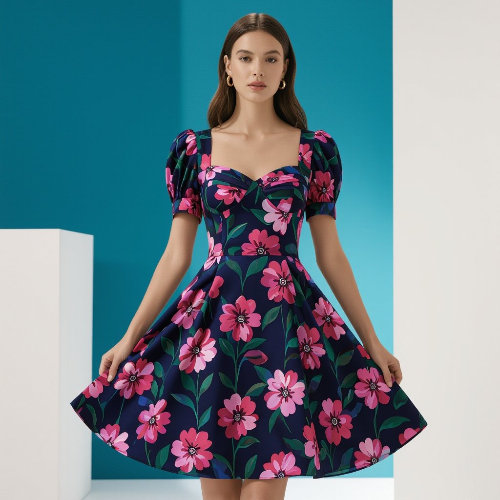 Mi
Mini dress in a floral print, with a sweetheart neckline and short puffed sleeves.